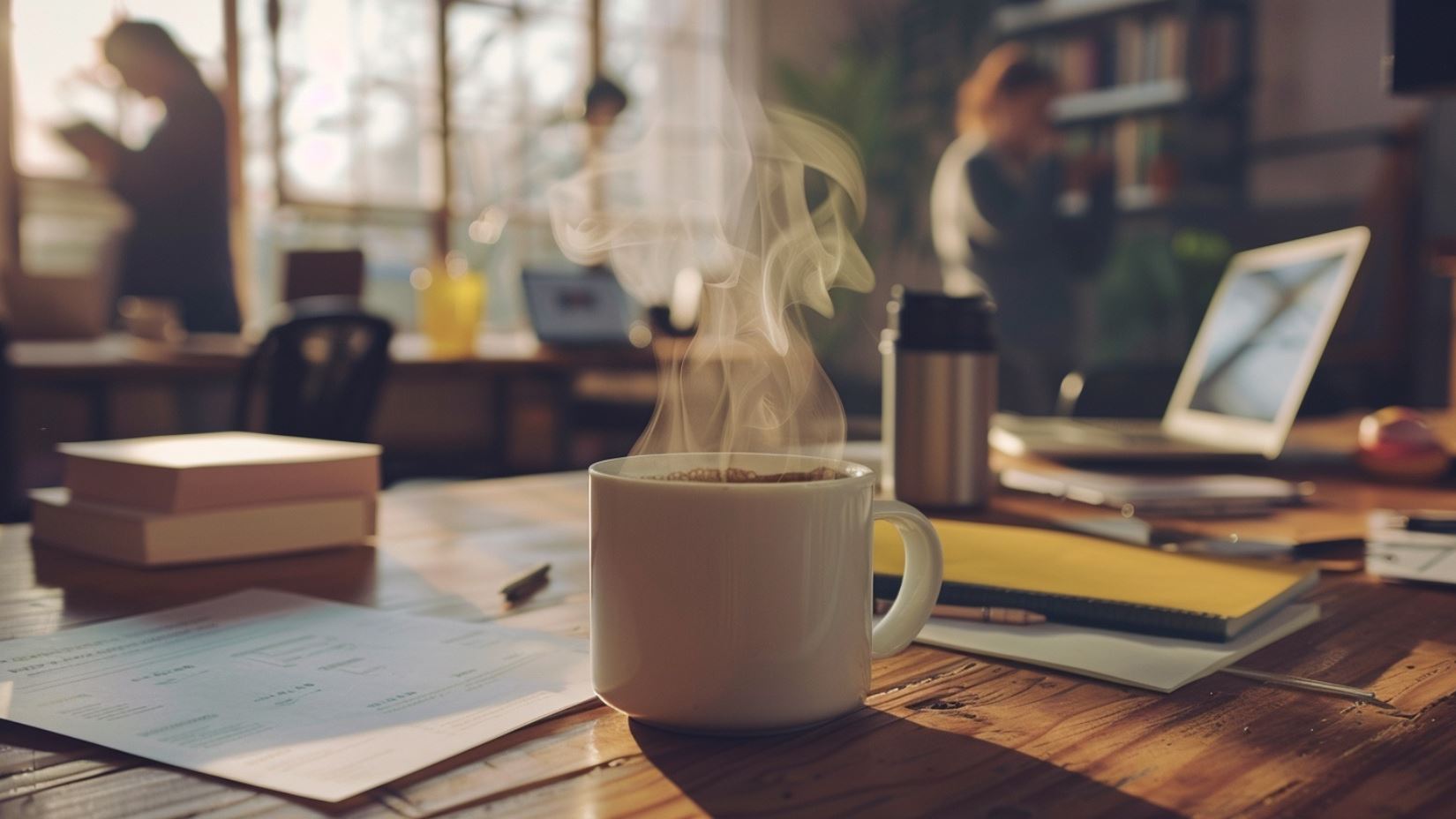 Een kop koffie op een druk bureau