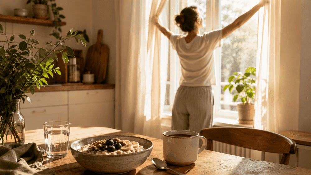vrouw begint de dag met voldoende energie