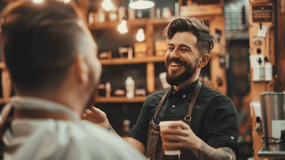 barber heeft gezellig gesprek met bezoekers