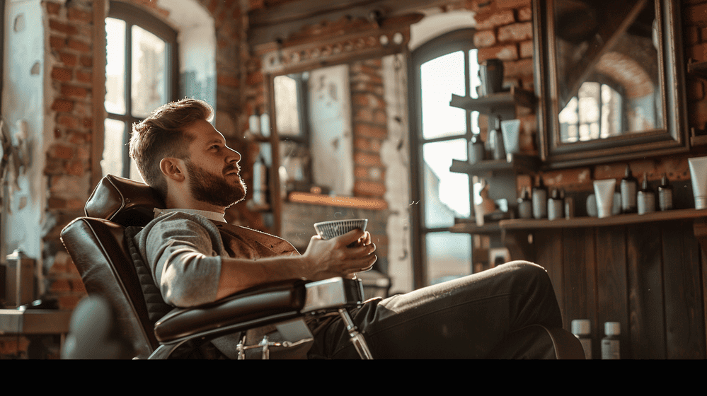 man in een barbershop met een lekkere kop koffie