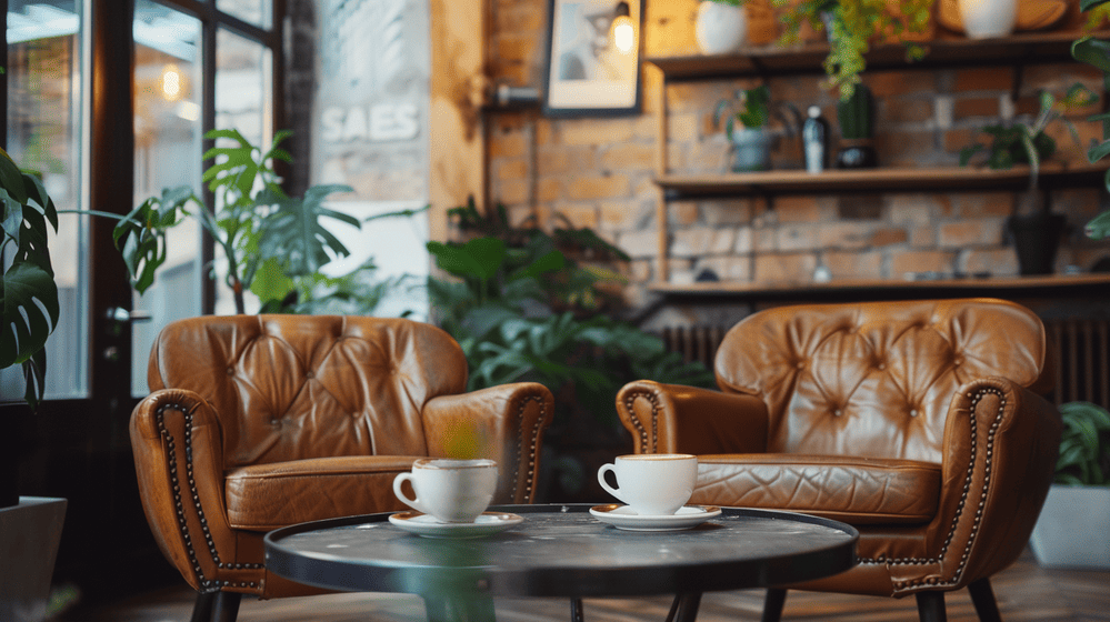 wachthoek van een barbershop met twee leren stoelen en koffie