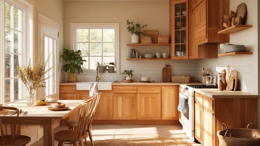 Zonnige kleine keuken met houten kastjes, doorlopend aanrecht en eethoek aan één kant