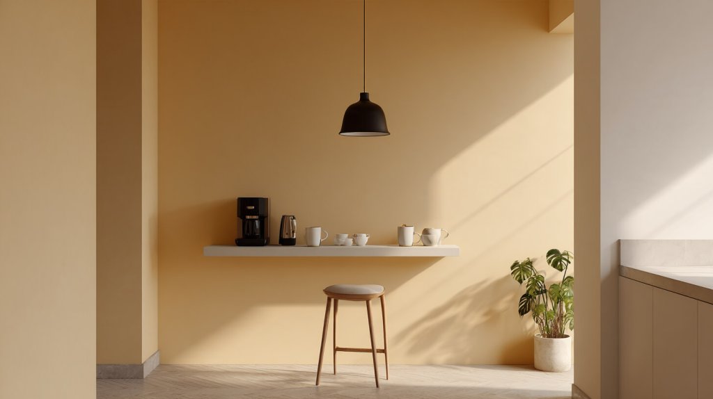 Compact koffiehoekje met wandplank, koffiezetapparaat en barkruk tegen een warme okerkleurige muur