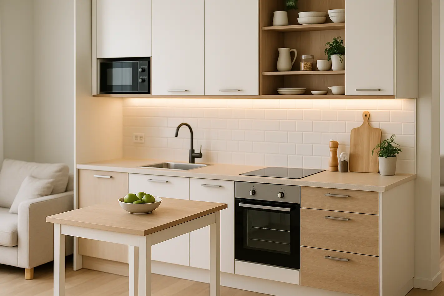 Kleine keuken multifunctioneel gemaakt met uitklapbare tafel en ingebouwde opbergruimte