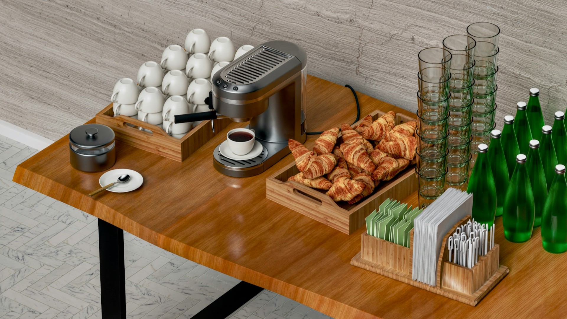 Compact ingerichte koffiehoek op een houten tafel met espressomachine, witte kopjes, croissants op een dienblad en glazen &mdash; ideaal voor een kleine ruimte