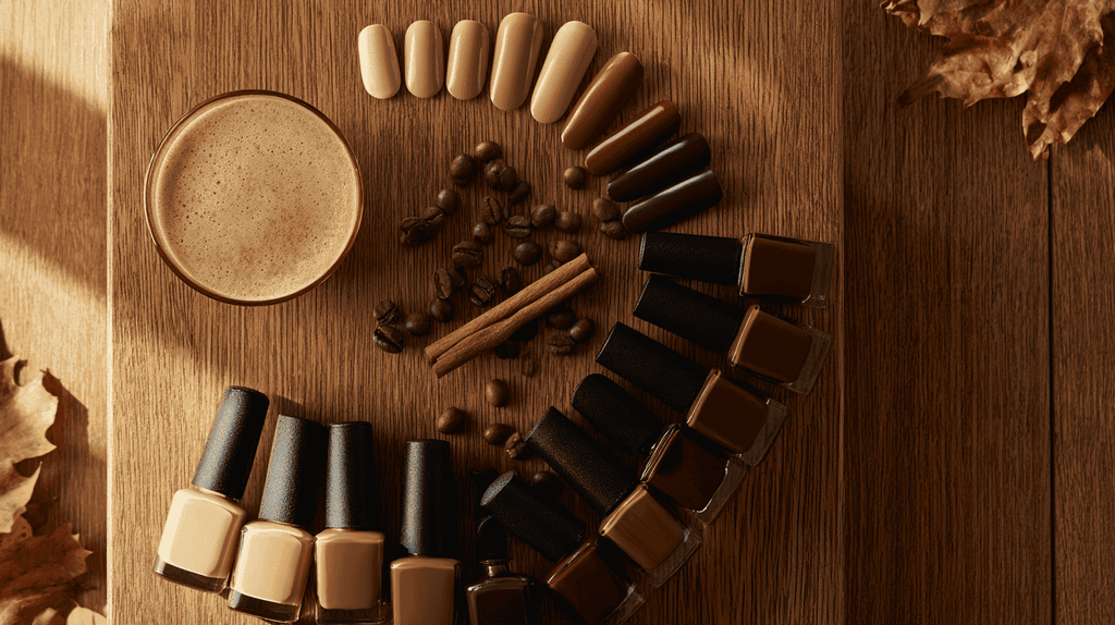 Kleurenpalet voor een latte manicure met nagellak in crème, mokka en chocoladebruin