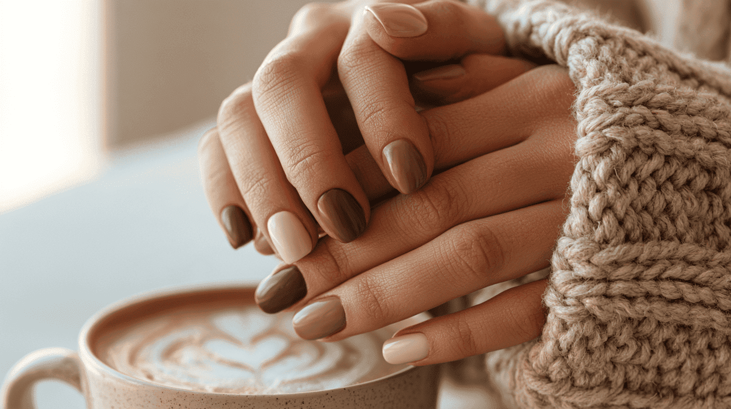 Latte manicure in beige, karamel en bruine tinten bij een kop koffie